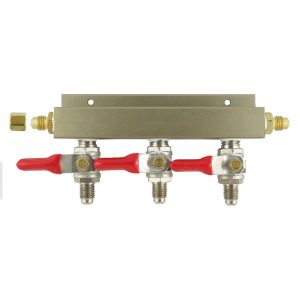 ALUMINUM AIR DIST, 3-OUT 1/4"MFL-SHUTOFF (WITH CK)